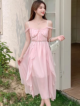 2023 Розовое Гофрированное Сексуальное Клубное Длинное Платье На Бретелях, Летнее Однотонное Элегантное Повседневное Вечернее Платье, Женское Корейское Модное Облегающее Вечернее Платье