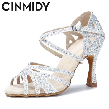 CINMIDY/ Атласные блестящие танцевальные туфли, женские туфли для латиноамериканских танцев со стразами, вечерние туфли для бальных танцев на высоком каблуке, женские свадебные туфли