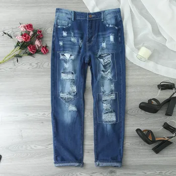 Женские джинсы-бойфренды, Эластичные Рваные Потертые джинсовые брюки Особенности: Женские дизайнерские брюки с Высокой талией
