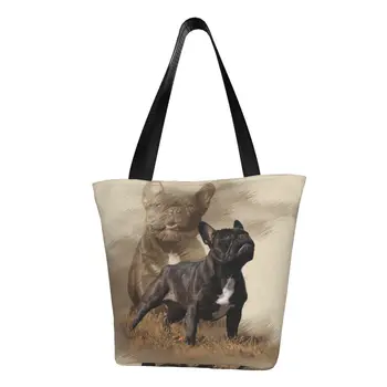 Крутая сумка для покупок с продуктами для французского Бульдога, холщовая сумка для покупок с модным принтом, большая вместительная прочная сумка для домашних собак