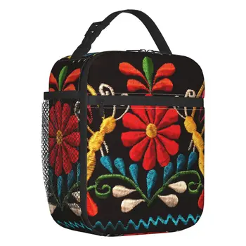 Мексиканские бабочки, цветок, изолированная сумка для ланча Otomi с 3D принтом и вышивкой, Термосумка для бенто, касса для пикника, путешествия