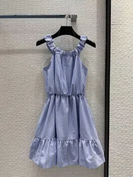 Новое летнее платье 2023 года с открытыми плечами, обернутое эластичным кружевом на талии, сине-белое плиссированное платье в вертикальную полоску с открытыми плечами для женщин